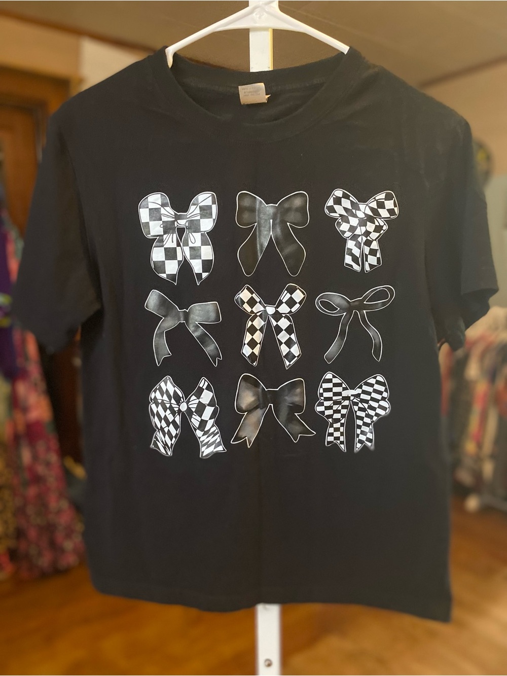 Black Short Sleeve Tee with Checkered Bows Graphic